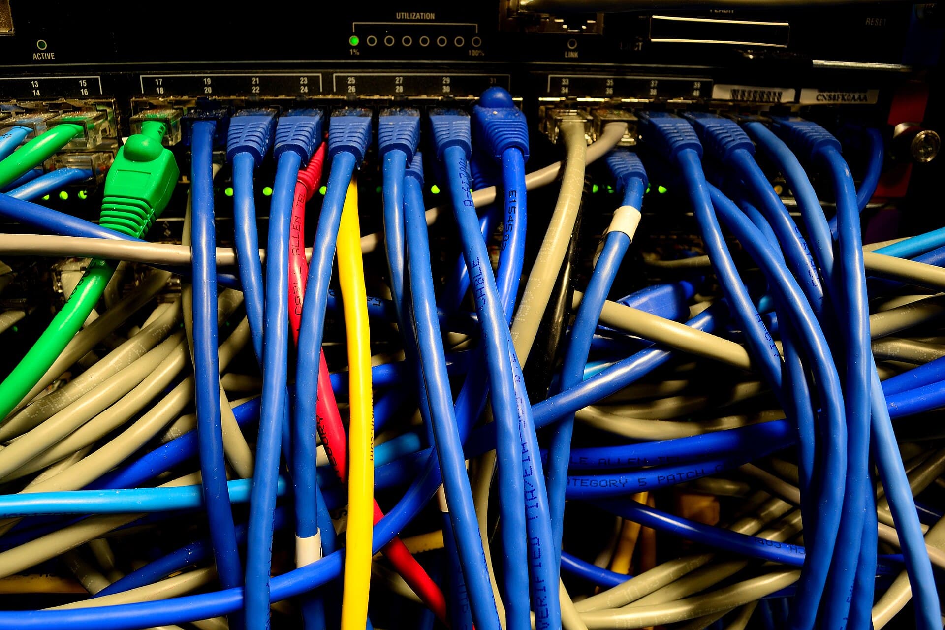 Enterprise network switch populated with Ethernet connections